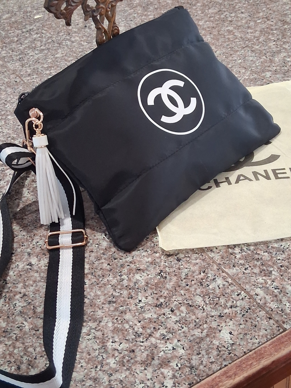 Chanel GWP Black Quilted Crossbody Bag with White Tassel.